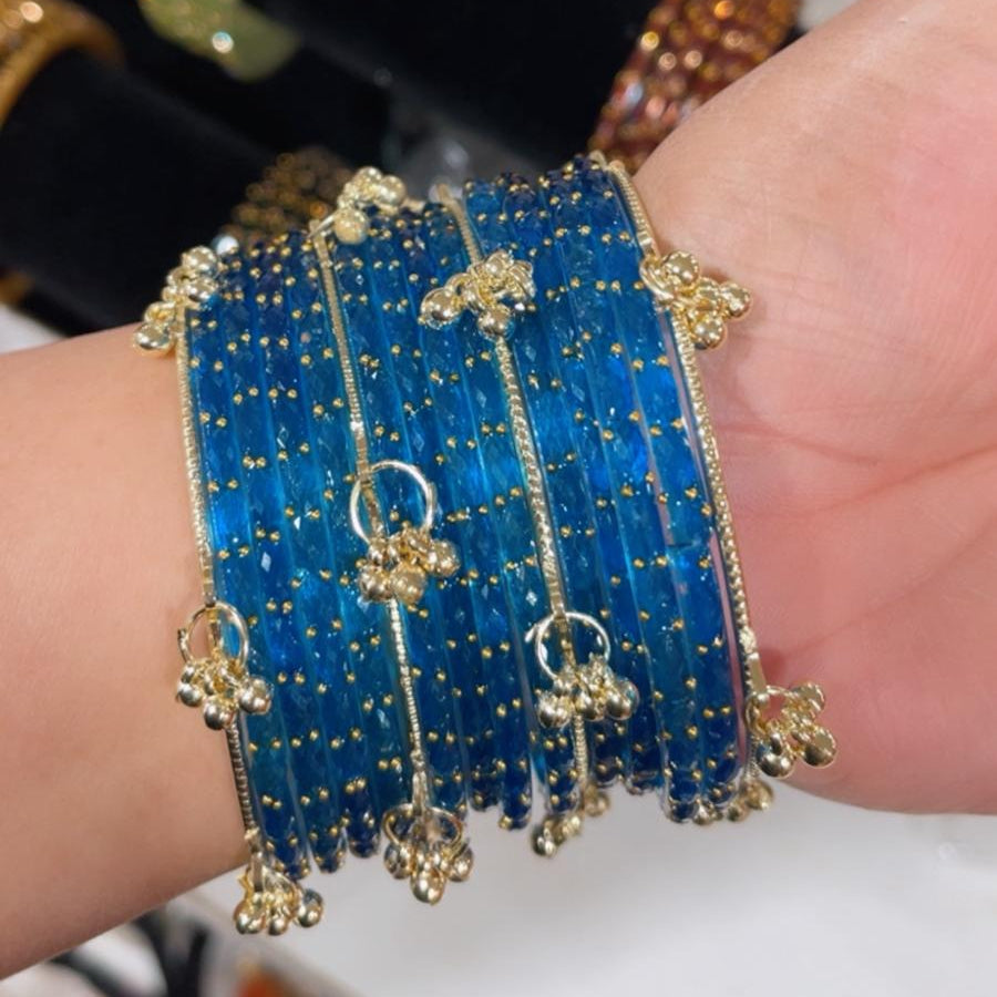 Premium Kashmiri Glass Bangles Set with Stone Work & Jhumka Design