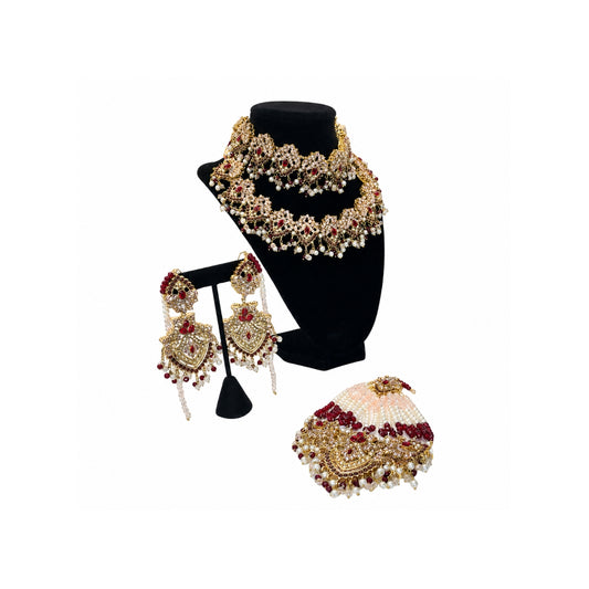 Luxury Pakistani Bridal Jewelry Set with Choker, Long Necklace, Earrings & Maang Tikka – Gold Tone Wedding Set