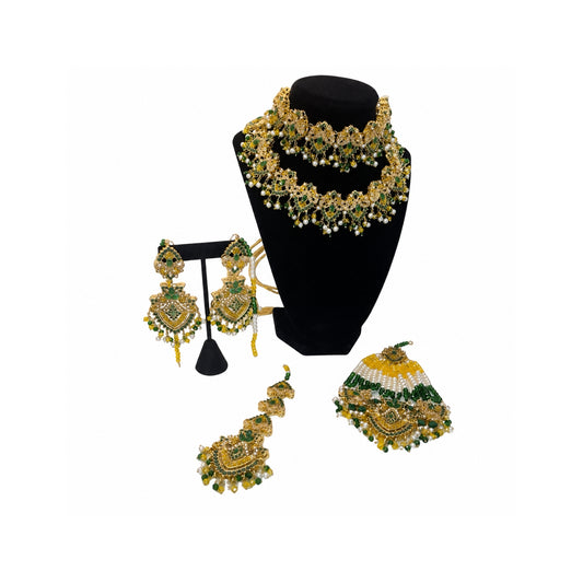 Pakistani Bridal Choker & Long Necklace Set with Earrings & Maang Tikka – Green & Gold Wedding Jewelry