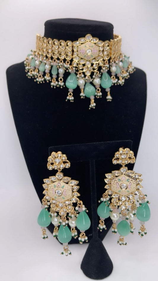 Handcrafted Meenakari Choker Set with Earrings – Gold Tone Traditional Statement Jewelry for Women