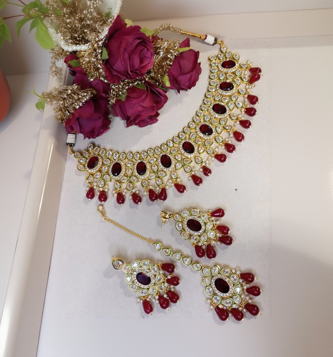 Luxury Kundan Necklace Set with Earrings & Tikka – Red Stone Bridal Jewelry Set for Wedding & Party Wear