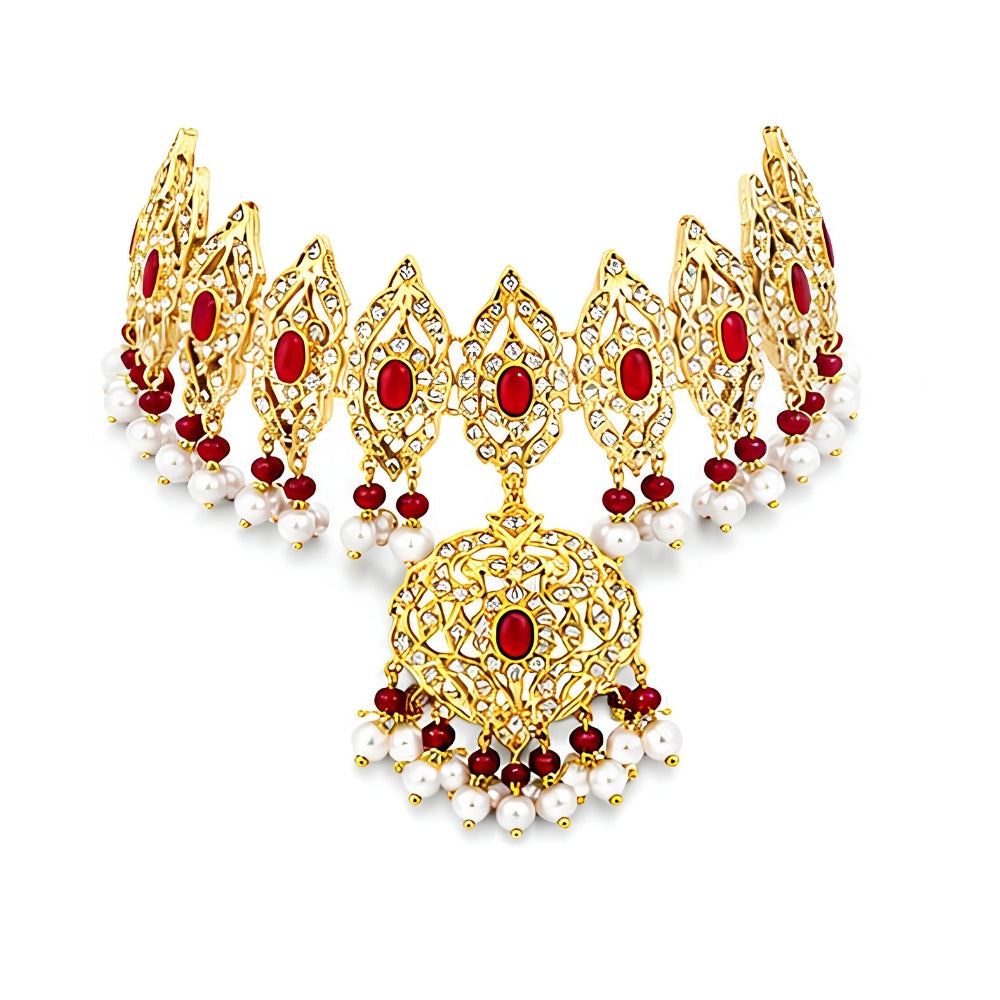 Luxury Pakistani Bridal Choker Jewelry Set with Earrings & Maang Tikka – Gold Tone Wedding Necklace Set for Women