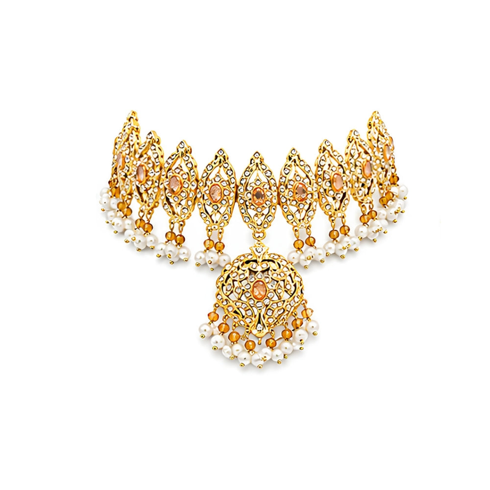 Elegant Pakistani Bridal Choker Jewelry Set with Earrings & Maang Tikka – Gold Tone Wedding Necklace Set for Women