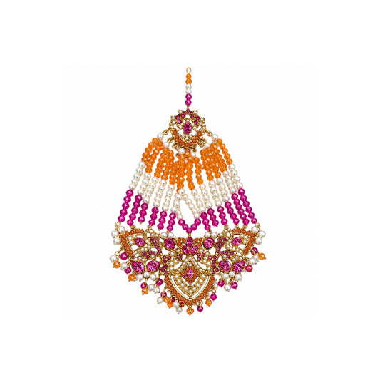 Pakistani Bridal Choker & Long Necklace Set – Pink & Orange Wedding Jewelry for Women