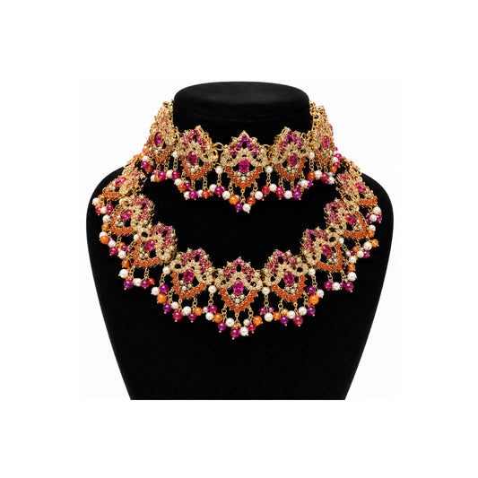 Pakistani Bridal Choker & Long Necklace Set – Pink & Orange Wedding Jewelry for Women