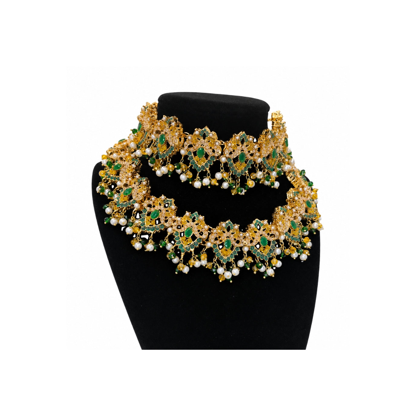 Pakistani Bridal Choker & Long Necklace Set with Earrings & Maang Tikka – Green & Gold Wedding Jewelry