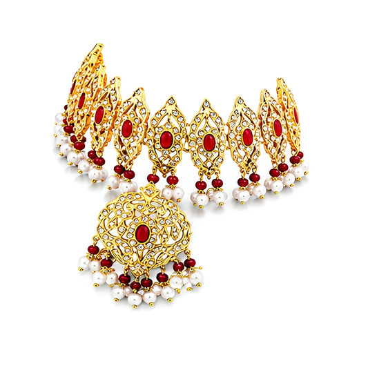 Luxury Pakistani Bridal Choker Jewelry Set with Earrings & Maang Tikka – Gold Tone Wedding Necklace Set for Women