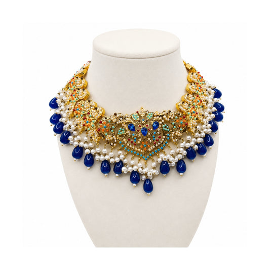 Royal Blue Pakistani Bridal Choker Necklace – Gold Tone Pearl & Stone Wedding Jewelry