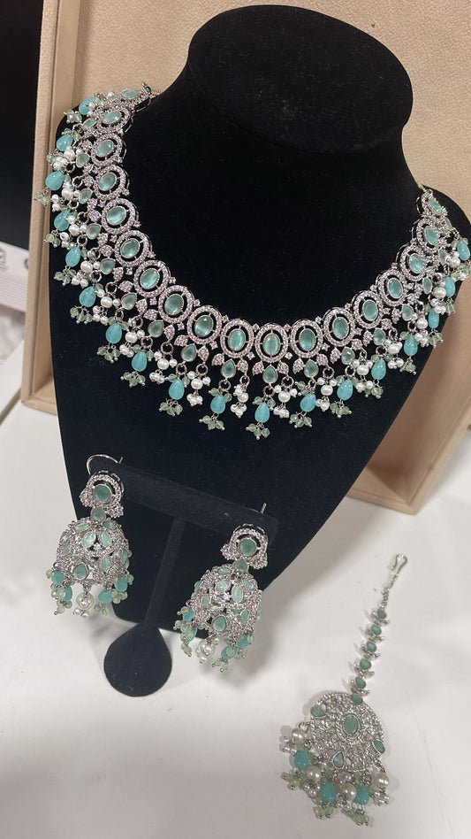 Luxury American Diamond Necklace Set with Jhumkis & Maang Tikka for Women – Bridal Wedding Jewelry Set