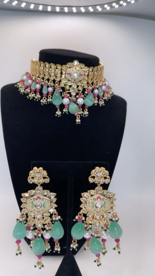 Handcrafted Meenakari Choker Set with Earrings – Gold Tone Traditional Statement Jewelry for Women